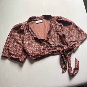 JOSA tulum orange pink purple knit geo print wrap puff sleeve cropped top blouse